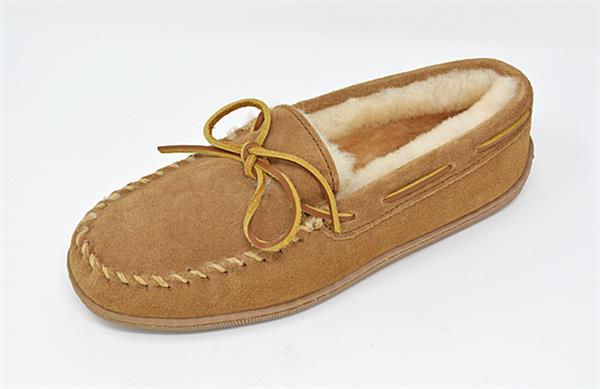 Men's genuine sheepskin moccasin slippers featuring classic rugged design, natural adjustable upper, and durable Outback sole