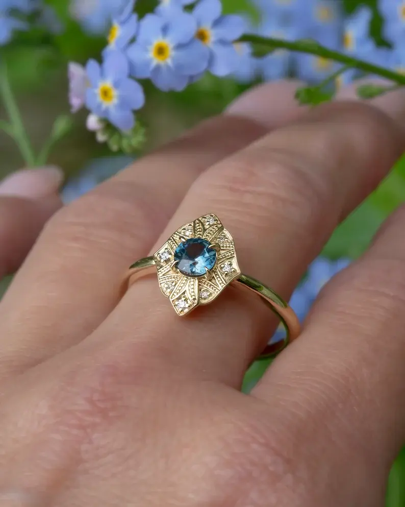 Thumbnail: Art Deco Inspired Montana Sapphire Ring in 18K Solid Gold
