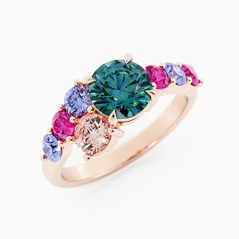 18K Solid Gold Teal Sapphire Cluster Engagement Ring