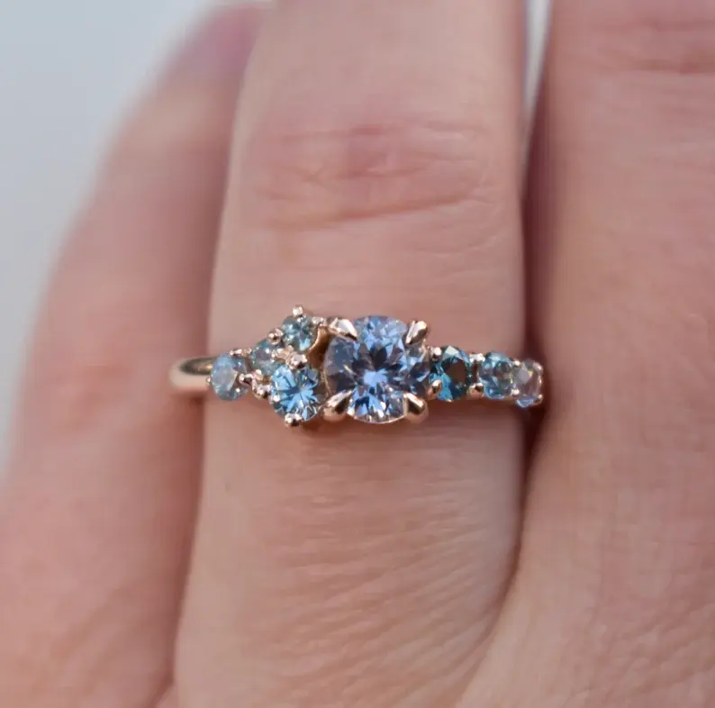 18K Solid Gold Montana Sapphire Ring | Cluster Engagement Ring