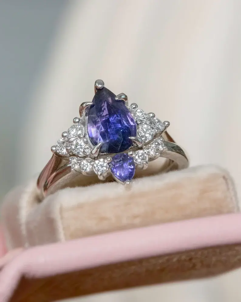 14K Solid Gold Purple Sapphire Engagement Ring Set Diamonds