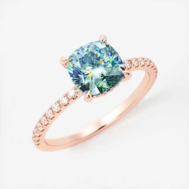 18K Solid Gold Teal Sapphire Hidden Halo Diamond Engagement Ring