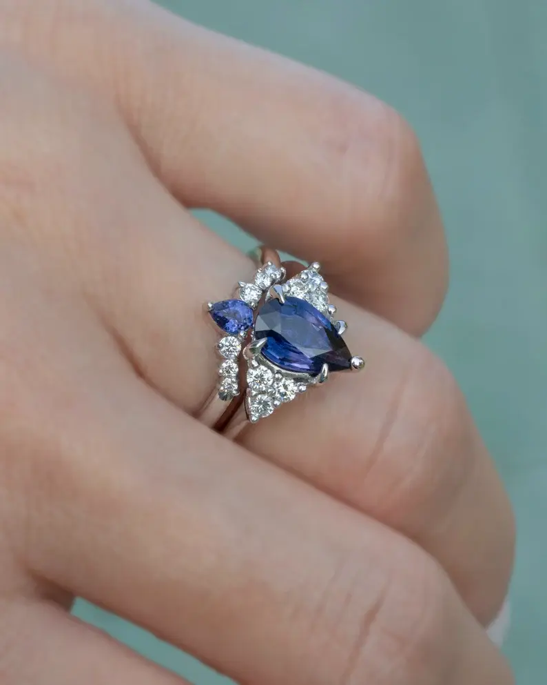 Thumbnail: 18K Gold Purple Sapphire Engagement Ring Set – Elegant Design