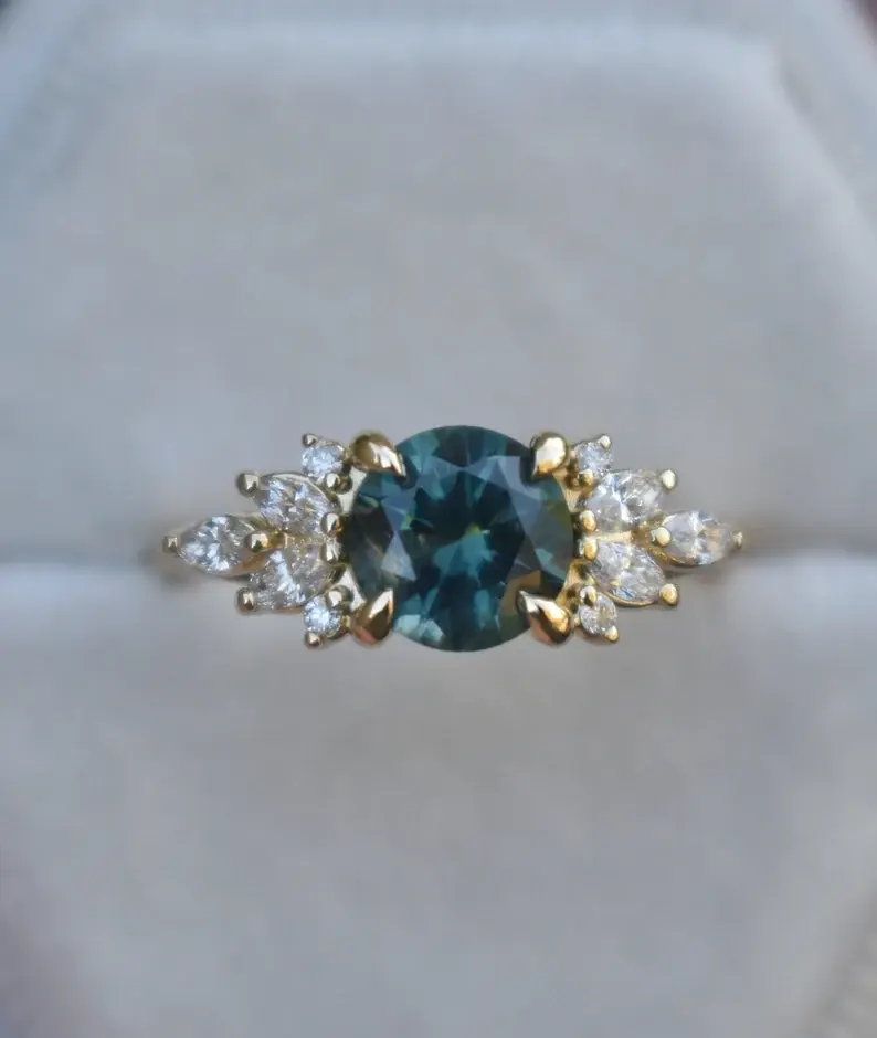Thumbnail: 18K Gold Marquise Diamond Engagement Ring with Teal Green Montana Sapphire