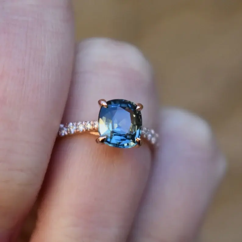 Thumbnail: 18K Gold Teal Sapphire Engagement Ring with Diamond Accents