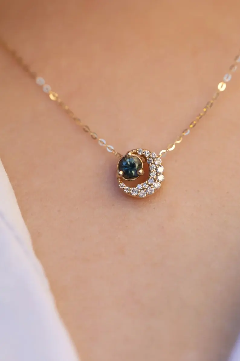 Elegant 18K Solid Gold Sun & Moon Necklace with Sapphire and Diamond Accents