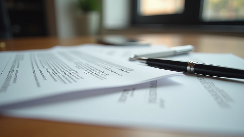 Close-up view of legal documents and a pen on a wooden desk