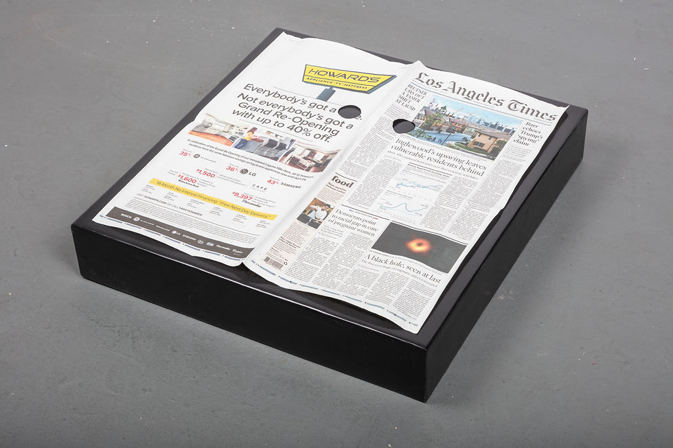 12) Daily, 2019, wood, enamel, front page of local newspaper(changes daily) 5inx23inx25in.