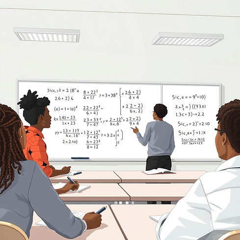 students of color in a classroom working on advanced algebra problems on a white board.jpg