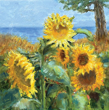 Oil painting of sunflowers by Liesel Lund.