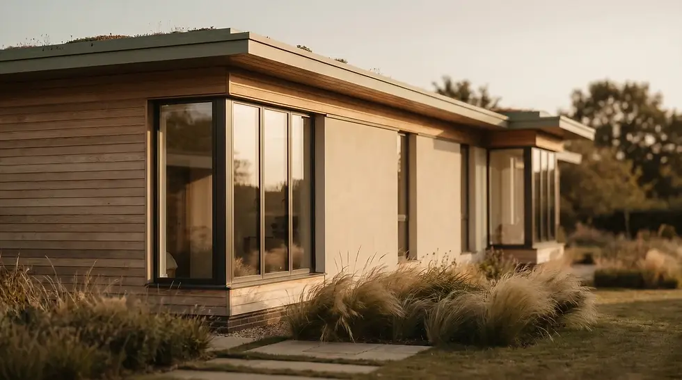 Maison contemporaine en bois et verre au milieu des graminées