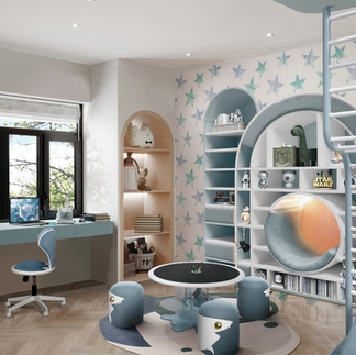 Playroom garçon Covethouse mobilier design bleu avec bibliothèque toboggan - inspiration Nice Atelier Marceau