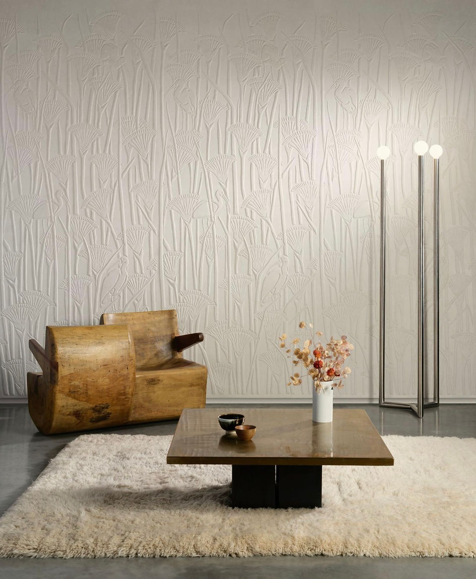 Papier peint texturé 3D motif végétal en relief blanc sur blanc - disponible à Nice chez Atelier Marceau