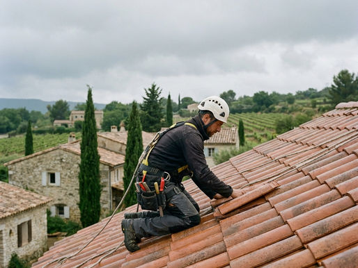 Couvreur professionnel réparant une toiture en tuiles après de fortes pluies dans les Alpes-Maritimes