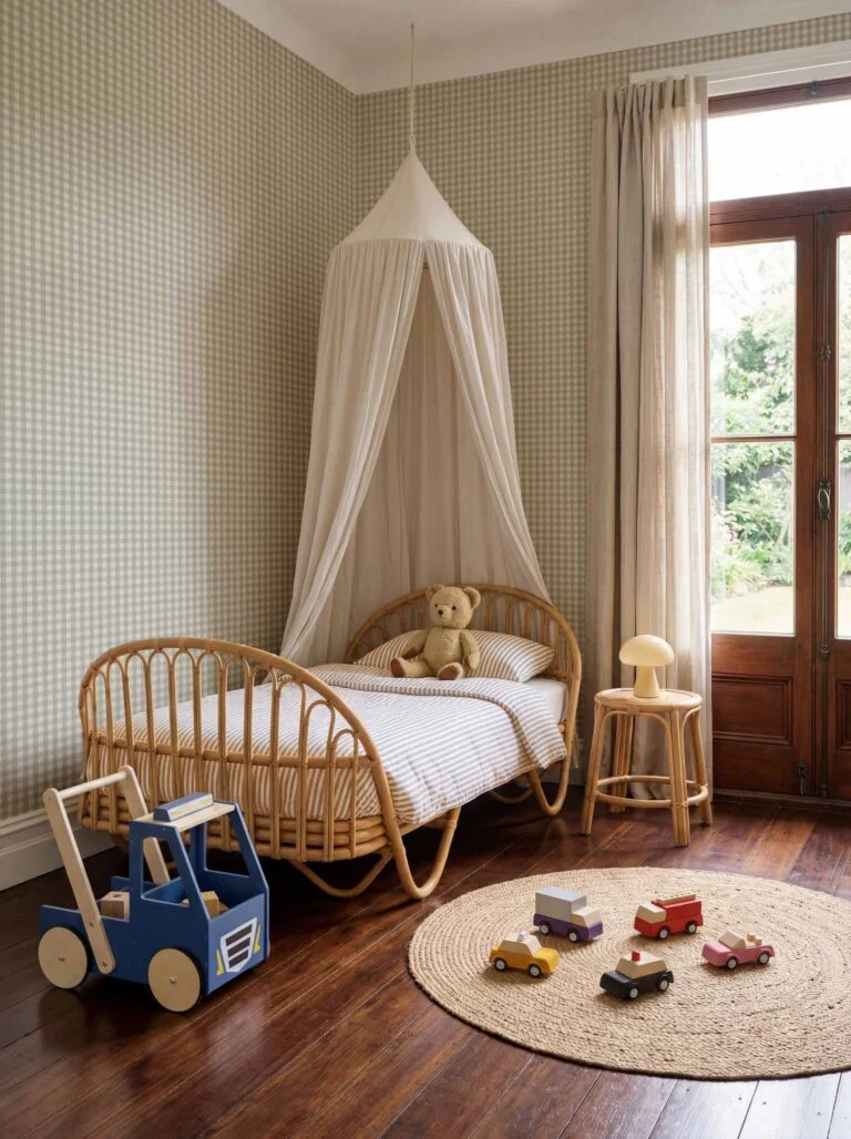 Papier peint Coordonné motif vichy vert sauge dans une chambre enfant avec lit en rotin et baldaquin - disponible à Nice chez Atelier Marceau