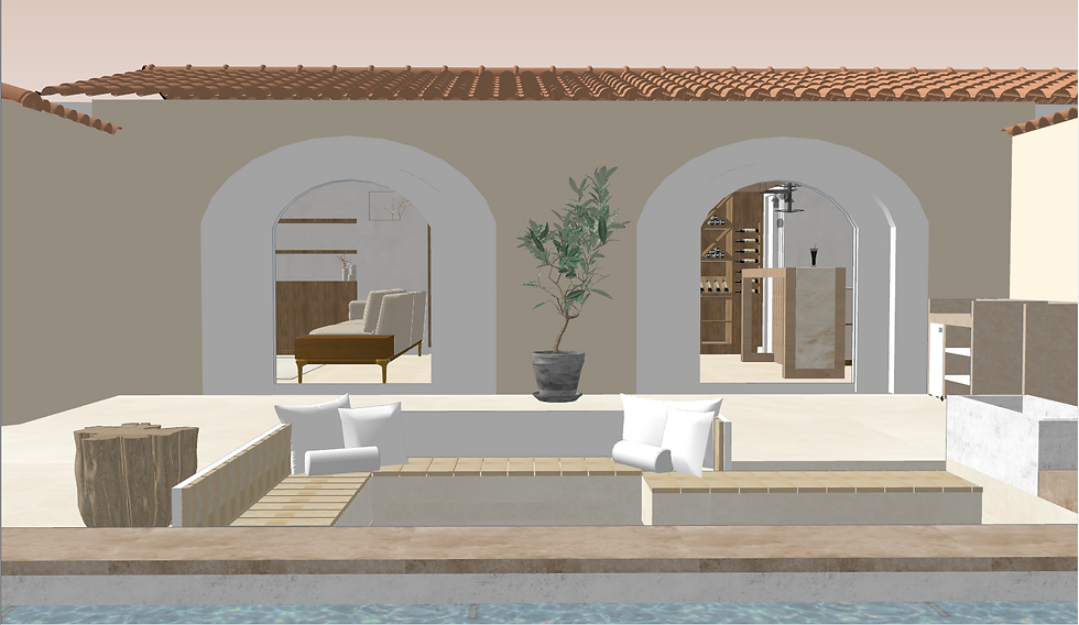 Vue 3D de la façade côté piscine — arches cintrées, salon extérieur et olivier, extension maison de vacances à Antibes
