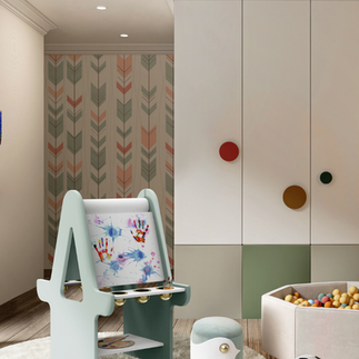 Playroom créatif Covethouse avec chevalet design et piscine à balles - inspiration Nice Atelier Marceau