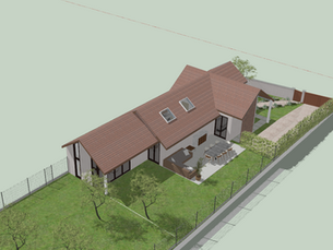 Vue 3D aérienne de la maison en L à Villiers-sur-Morin — terrasse et espace de vie extérieur côté jardin