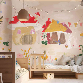 Papier peint panoramique Walldreamer village champignons et lapins dans une chambre enfant - disponible à Nice chez Atelier Marceau