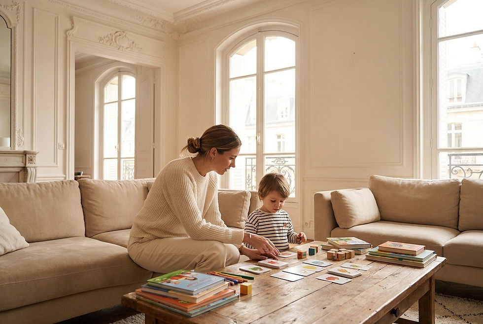 Nanny bilingue professionnelle faisant une activité éducative avec un enfant, Magic Nannies