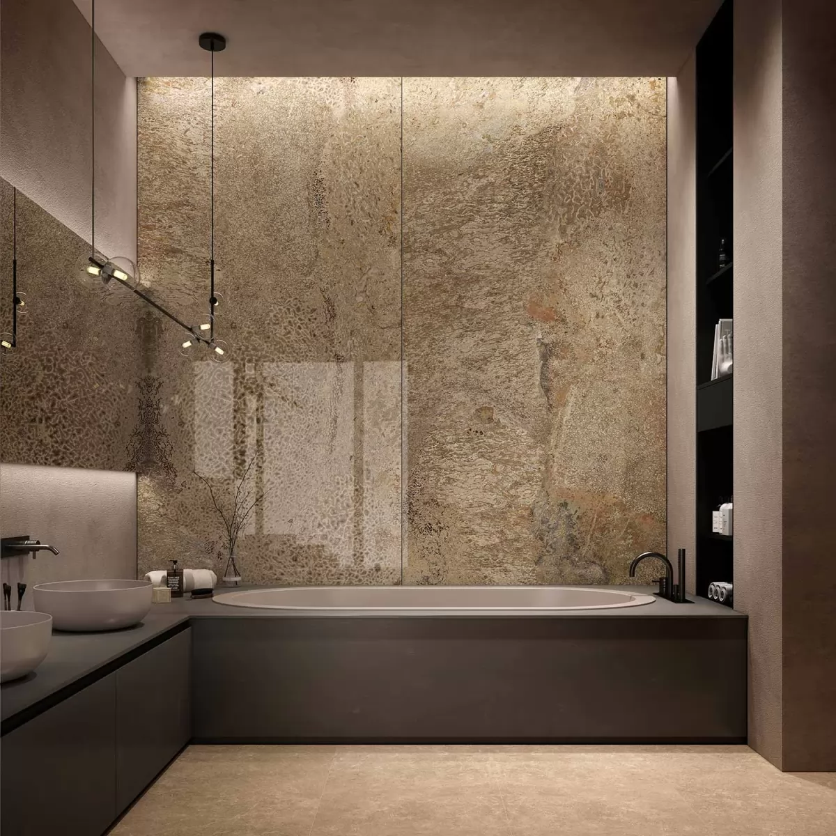 Panneau décoratif Arizona Bones de Tecnografica dans une salle de bain contemporaine à Nice, alternative au carrelage avec revêtement mural sans joints