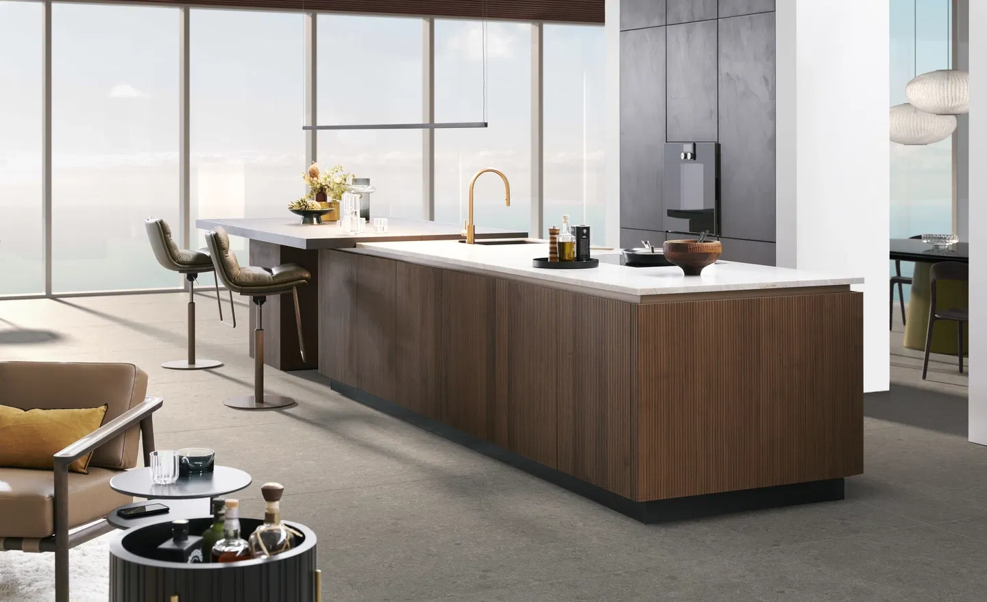 Cuisine design équipée d’un plan de travail en Dekton, posé par Ambiance Cuisines à Nice