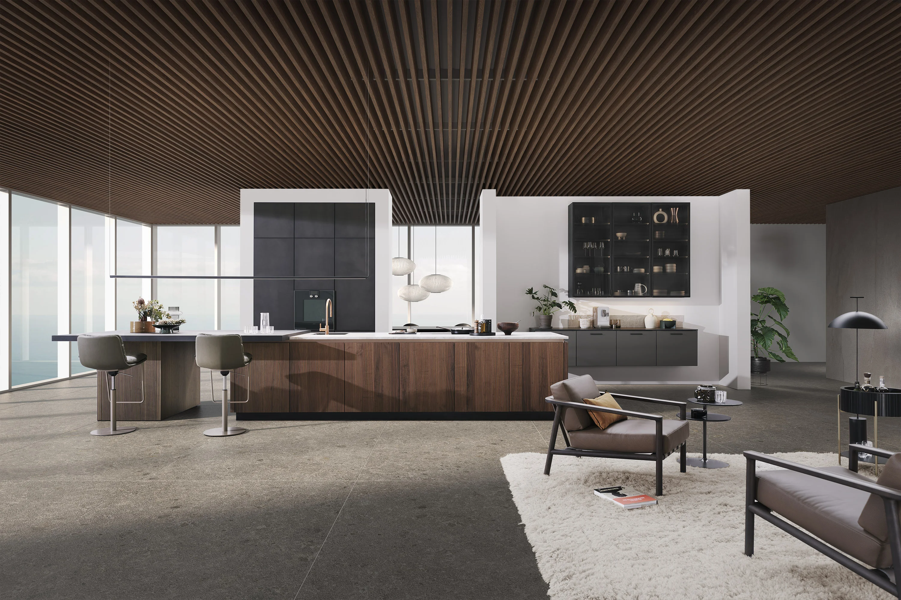 Cuisine LEICHT Bossa | Concrete avec façades texturées et effet béton dans notre showroom à Nice