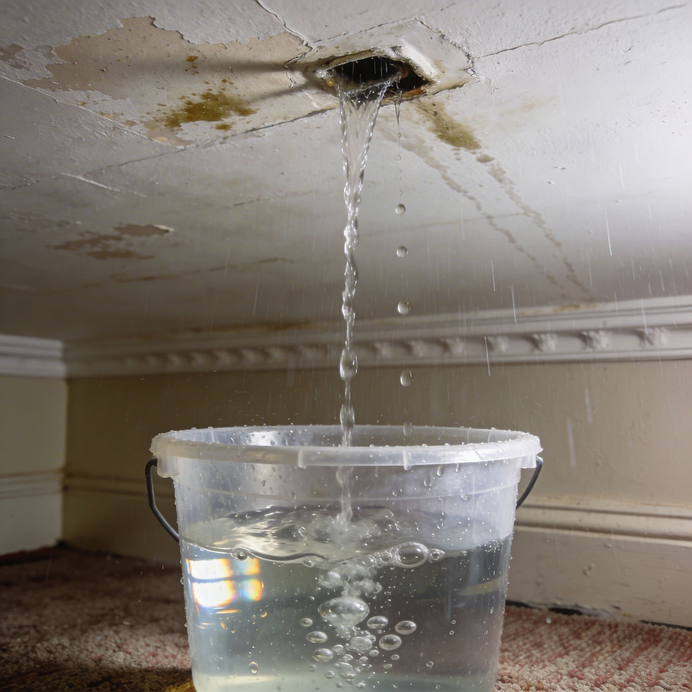 Fuite de toiture avec infiltration d’eau au plafond et seau de protection en urgence