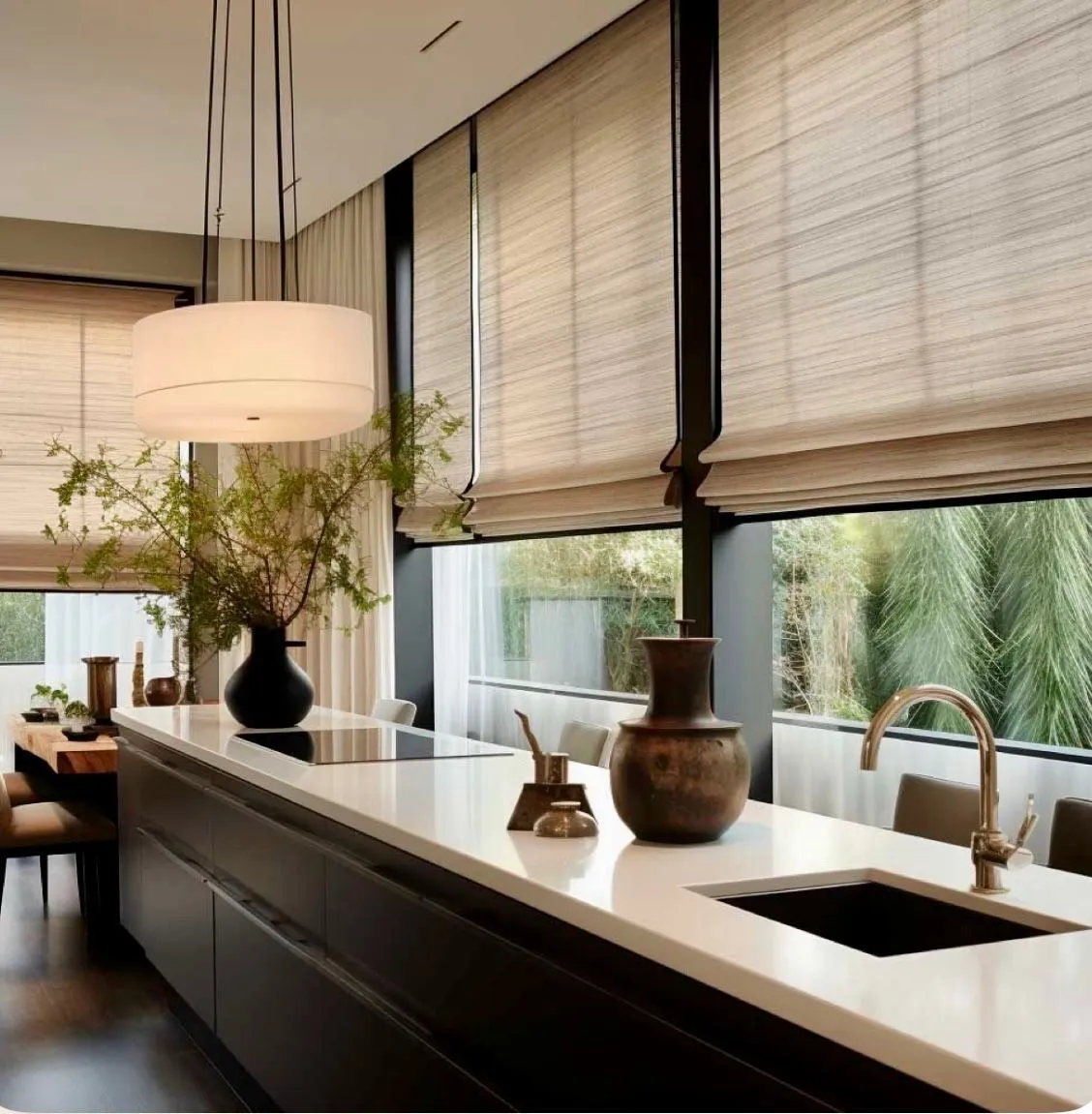 Stores design combinés à des voilages légers pour un rendu harmonieux