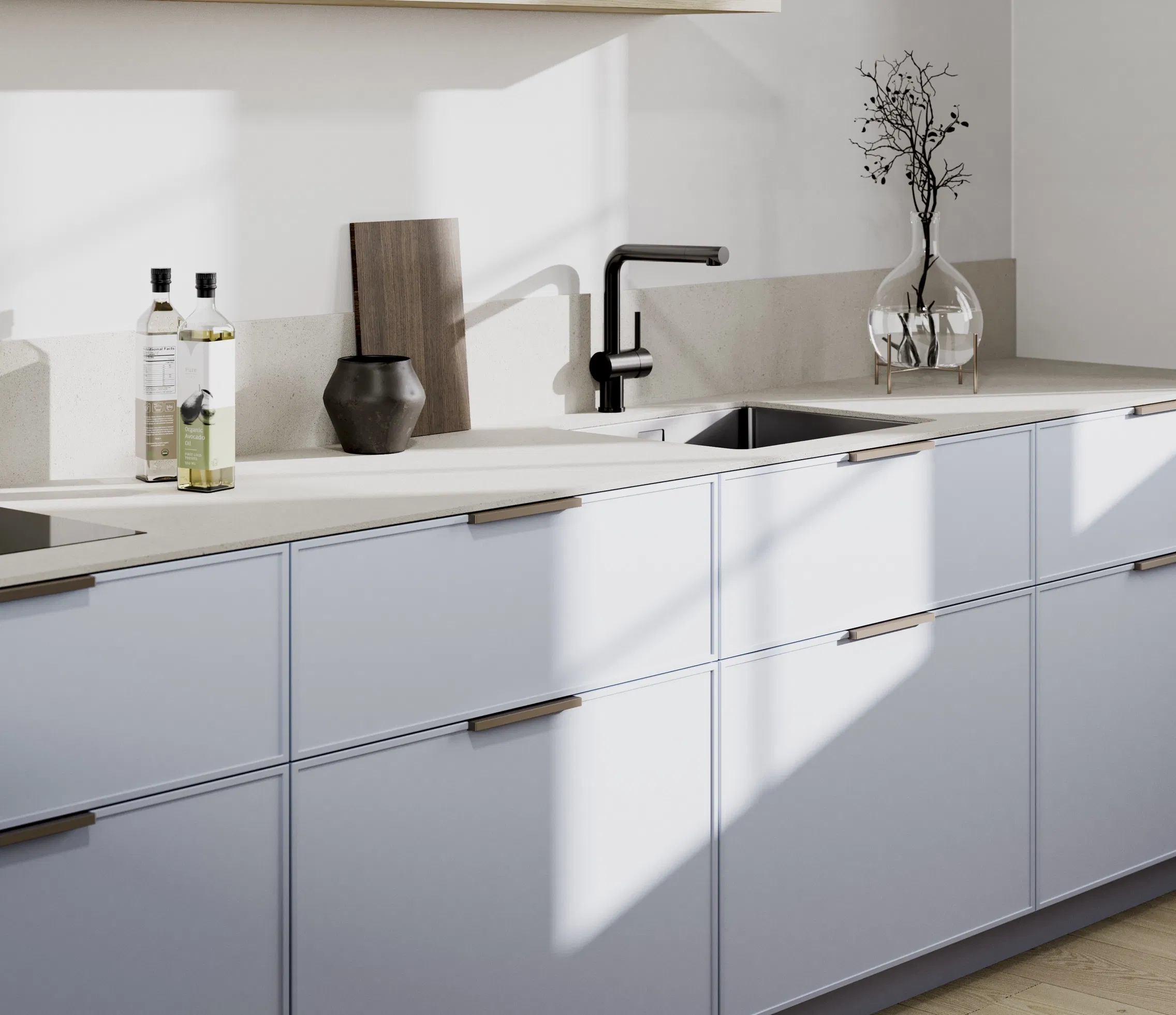 Cuisine LEICHT x HYGGE au style nordique avec teintes douces et ambiance chaleureuse dans notre showroom à Nice