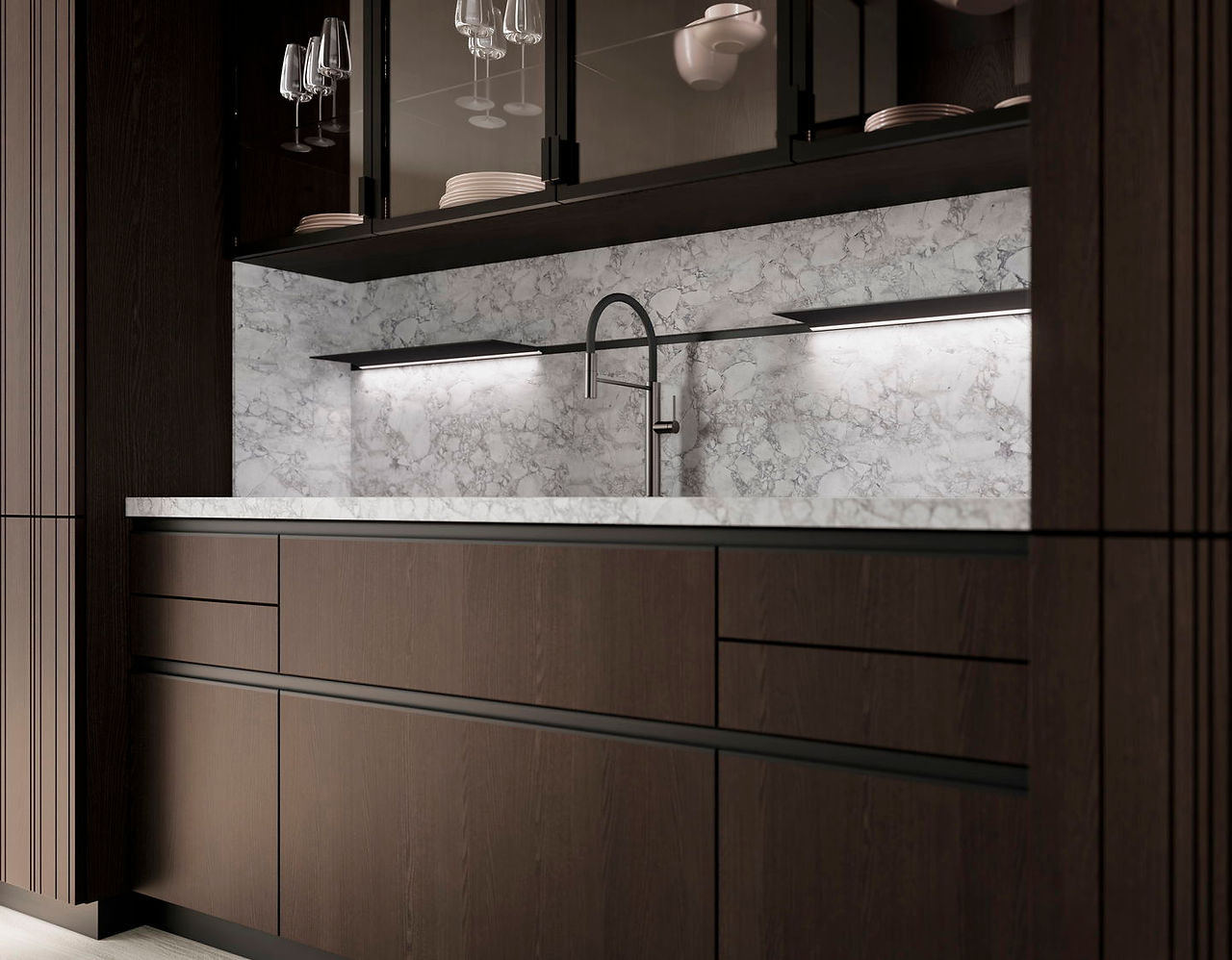 Détails des façades rainurées de la cuisine Leicht Nice, un design unique proposé par votre cuisiniste à Nice.