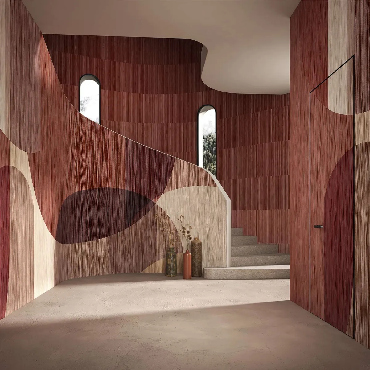 Wall covering panoramique Tecnografica motif géométrique abstrait tons terracotta - disponible à Nice chez Atelier Marceau