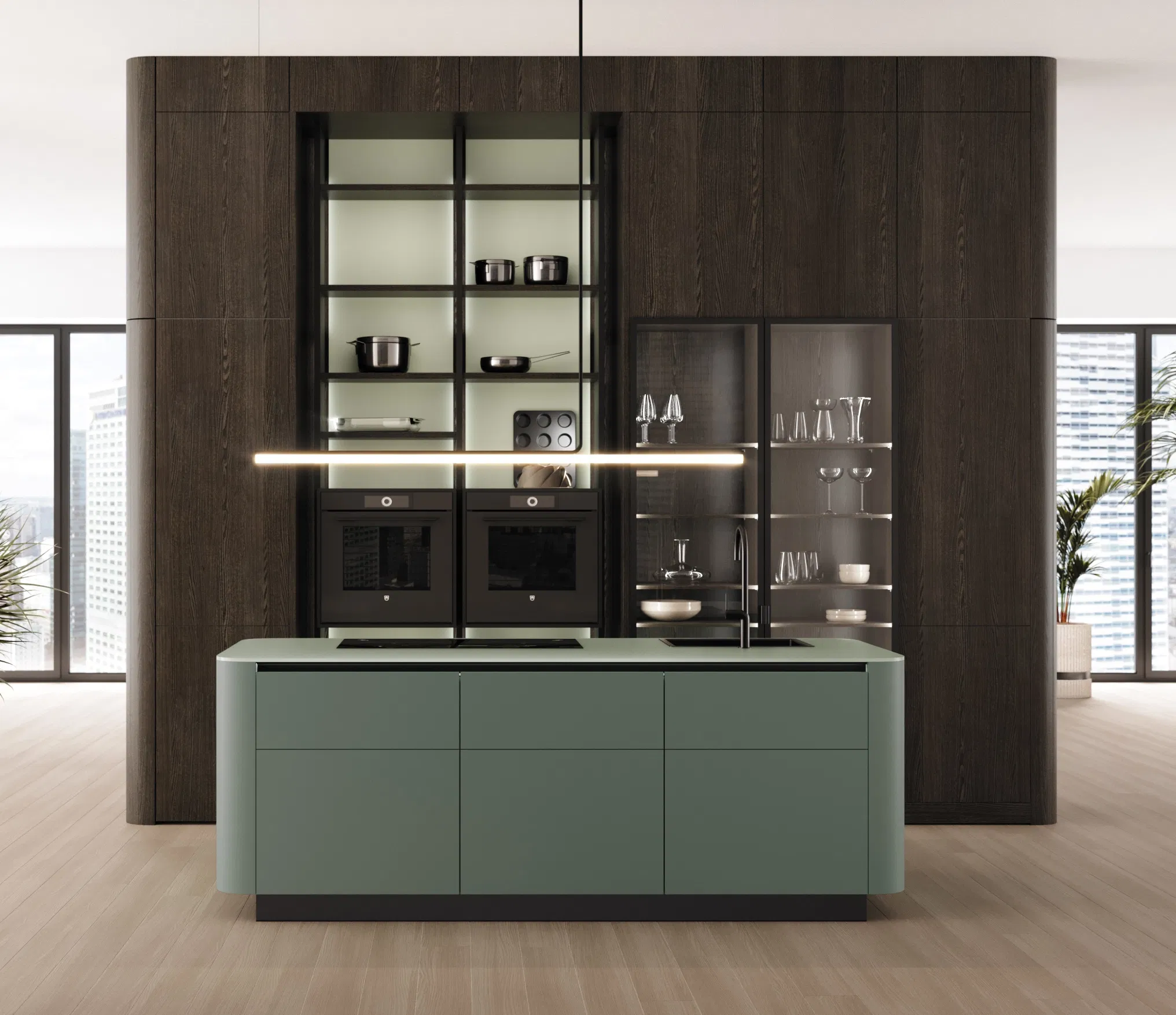 Îlot central de cuisine contemporaine avec finitions arrondies LEICHT, ergonomie et raffinement.