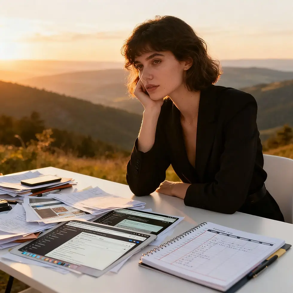 Entrepreneure assise à son bureau, entourée d’un côté par des tâches dispersées et de l’autre par des outils organisés, illustrant le contraste entre une liberté chaotique et une structure productive.