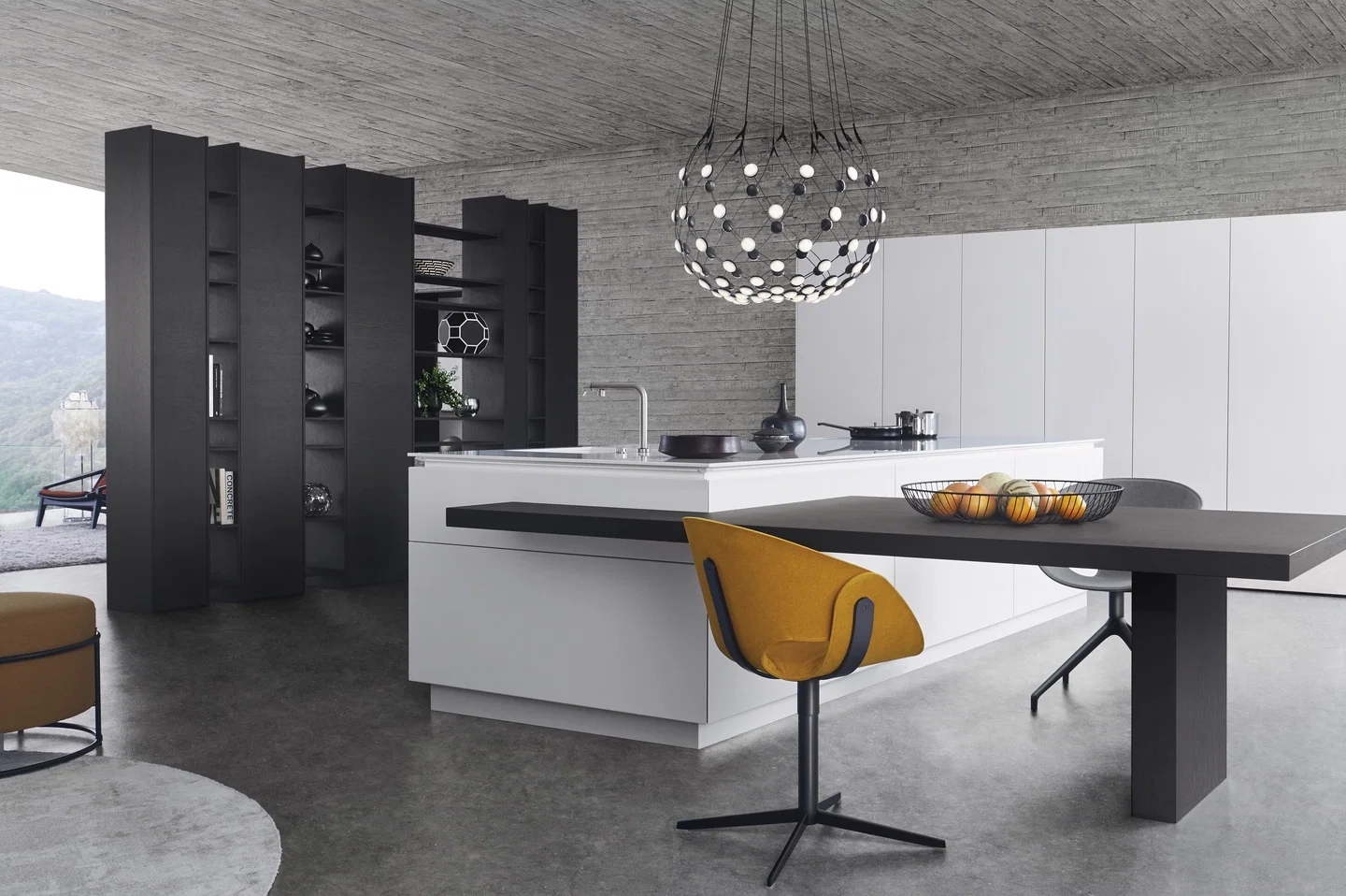 Cuisine laquée mat blanc LEICHT CLASSIC-FS-C avec îlot central et bibliothèque noire — Ambiance Cuisines Nice