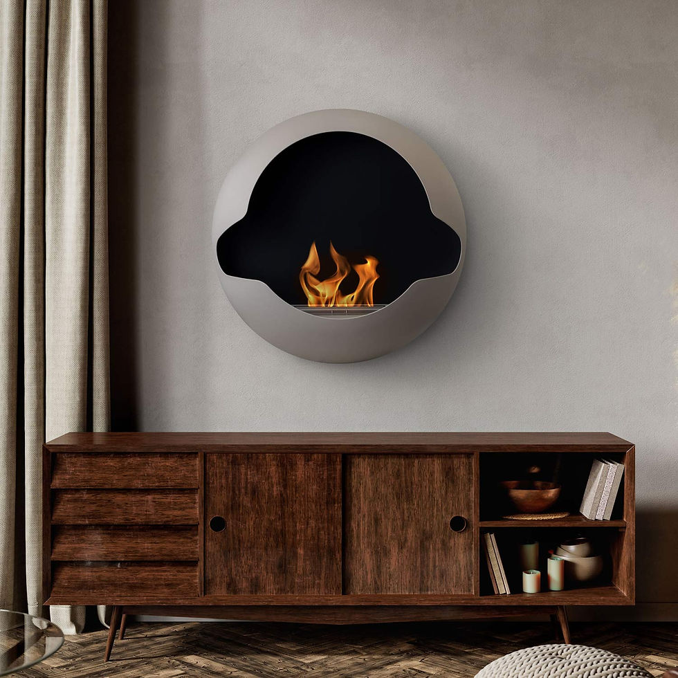 Vue de face de la cheminée circulaire Vauni Cupola accrochée au mur