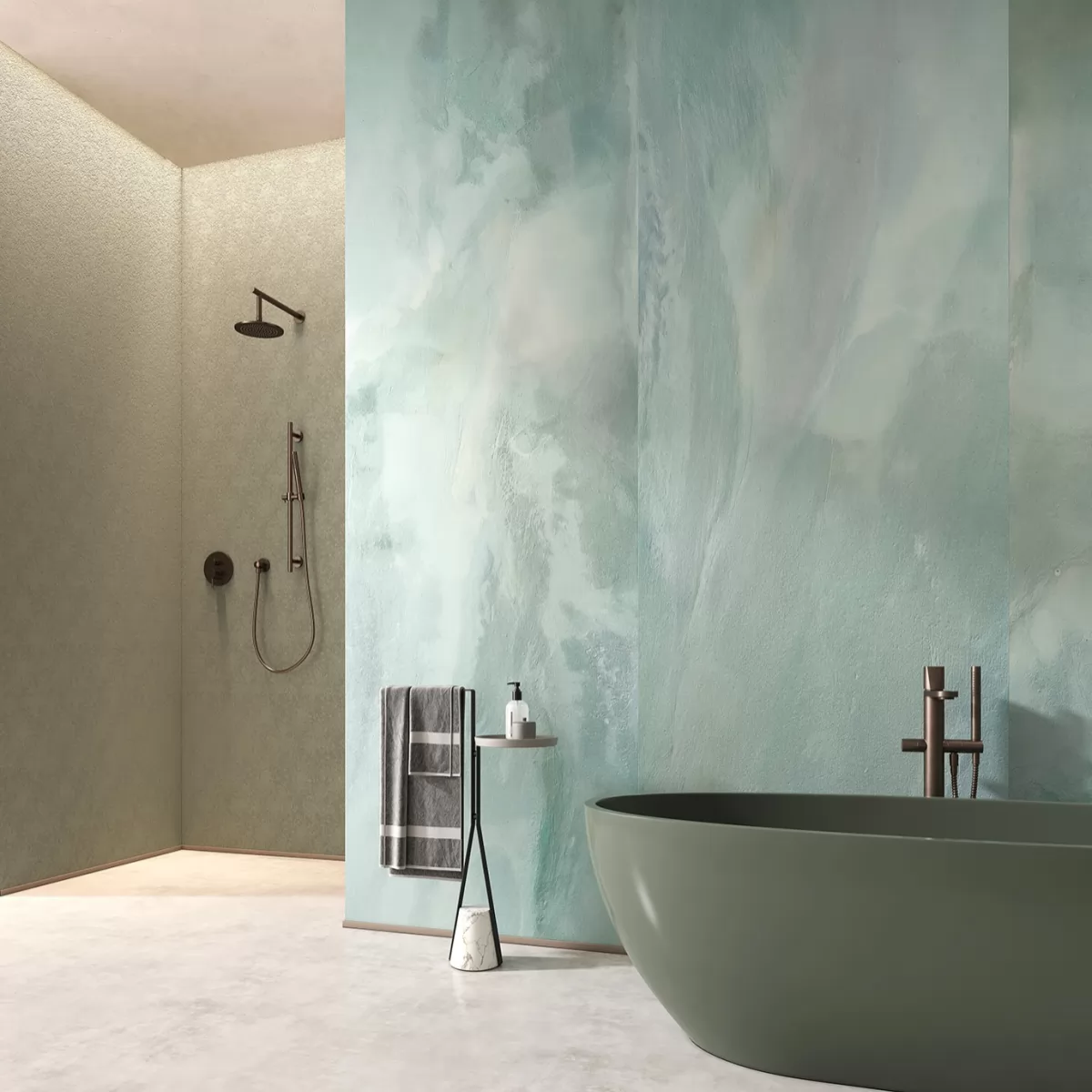 Panneau Ultralight Vetro Resina de Tecnografica dans une salle de bain design, alternative au carrelage avec surface continue sans joints