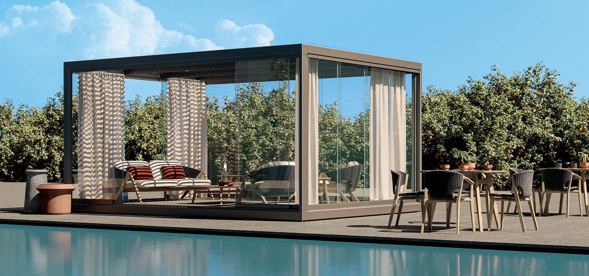 Pergola design avec salon extérieur Ethimo sur terrasse moderne avec piscine