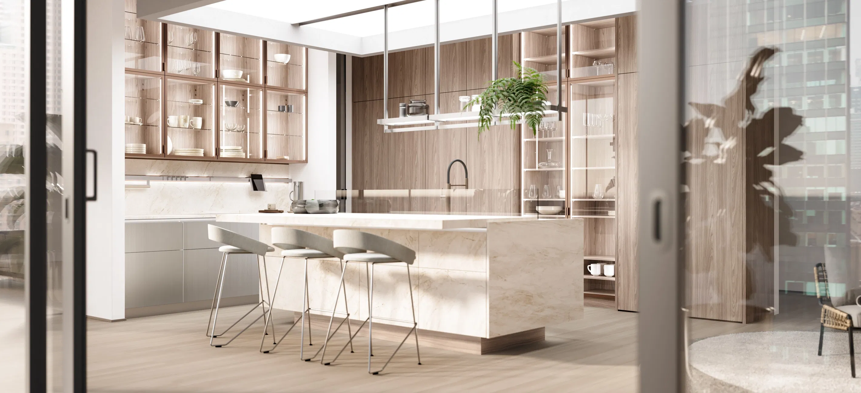 Plan de travail en céramique effet marbre dans une cuisine Leicht contemporaine à Nice