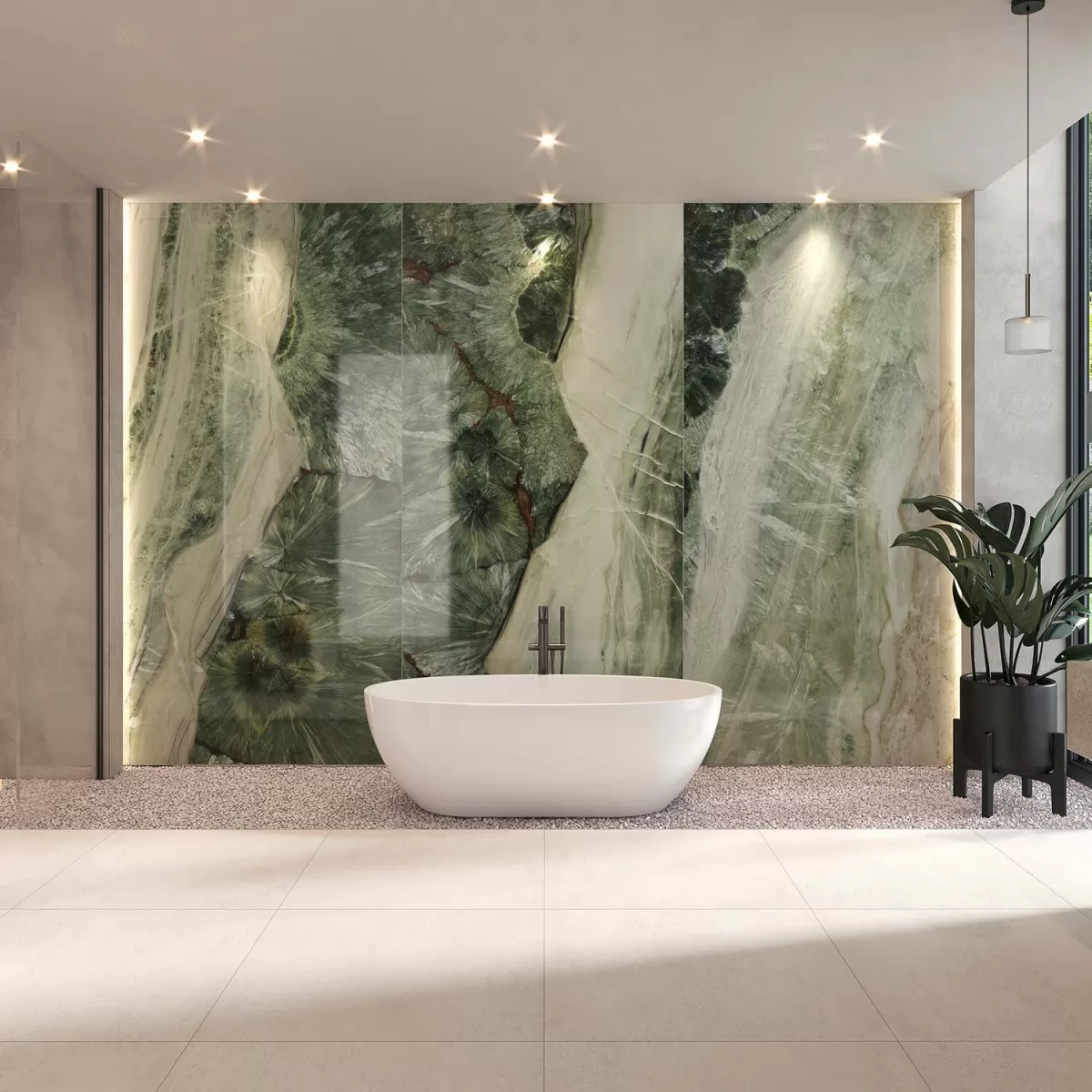 Panneau décoratif Parame de Tecnografica effet marbre vert dans une salle de bain design, revêtement mural haut de gamme sans joints à Nice