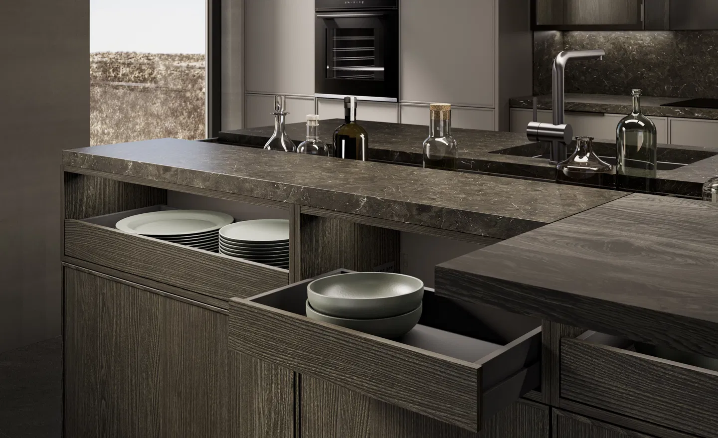 Cuisine LEICHT WAKUU japandi aux lignes épurées et matériaux naturels dans notre showroom à Nice