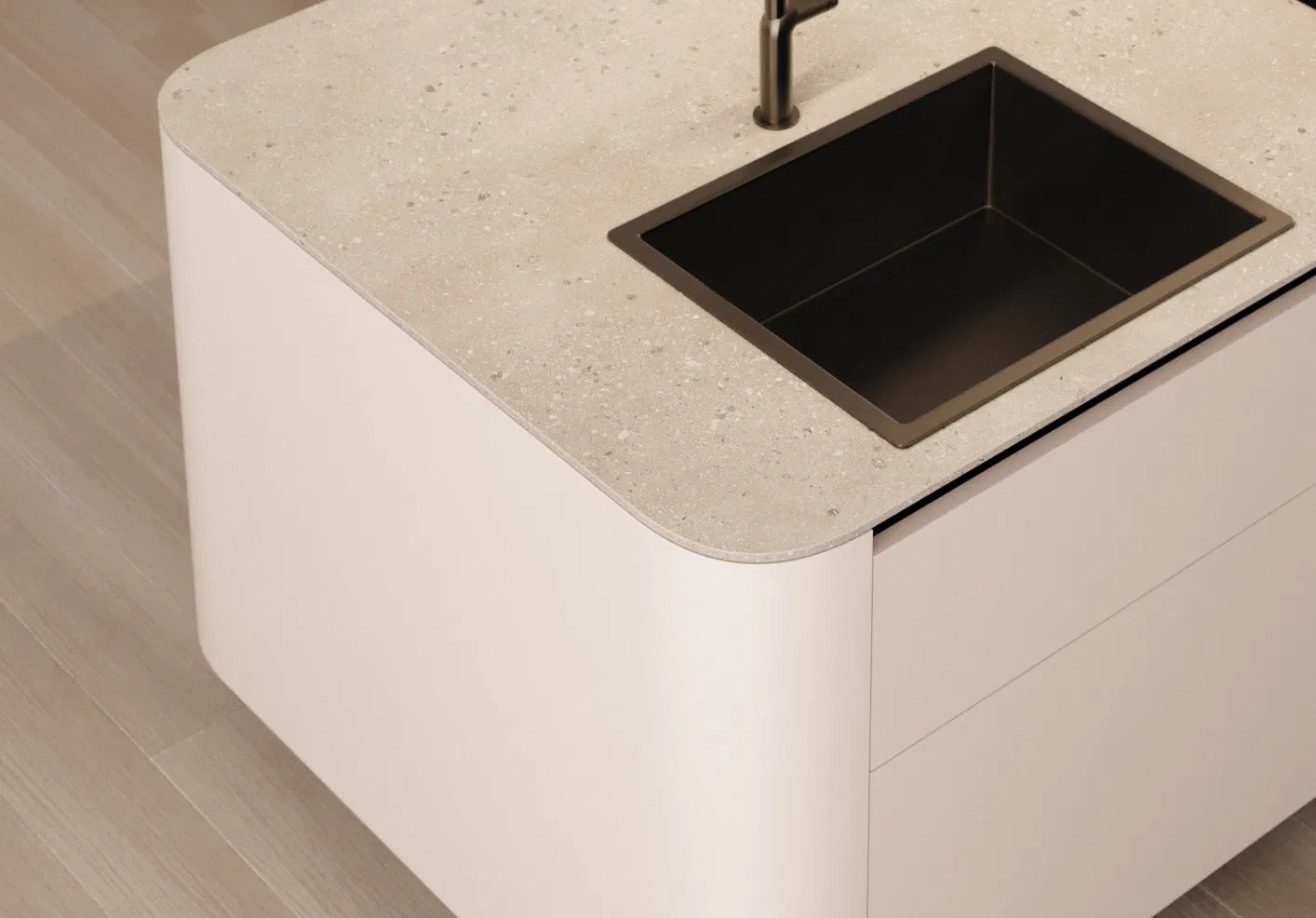 Détail architectural des joues arrondies LEICHT, continuité fluide et sécurité accrue en cuisine.