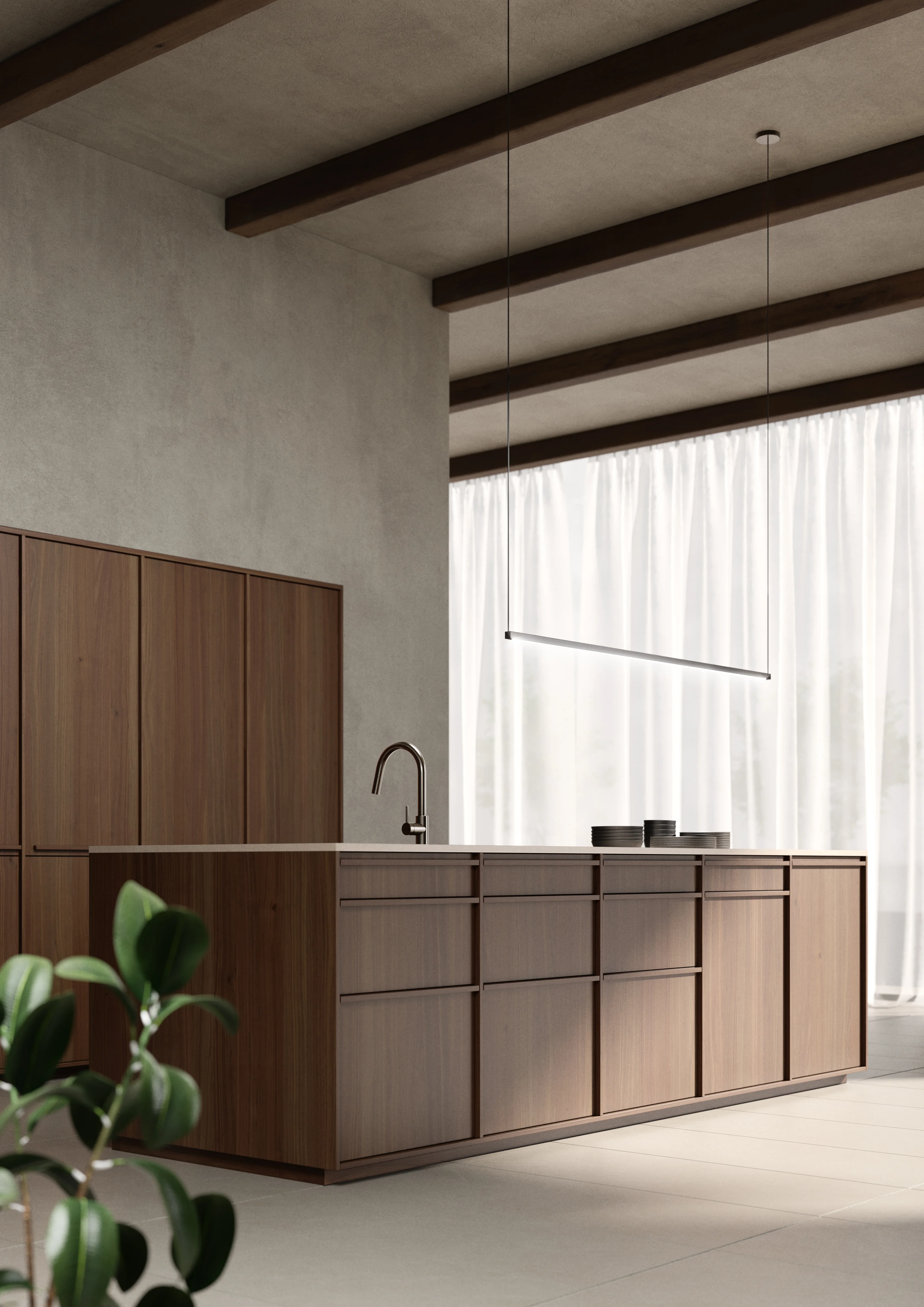 Cuisine Kyoto Leicht : ambiance raffinée et contemporaine avec arrondis subtils et style zen