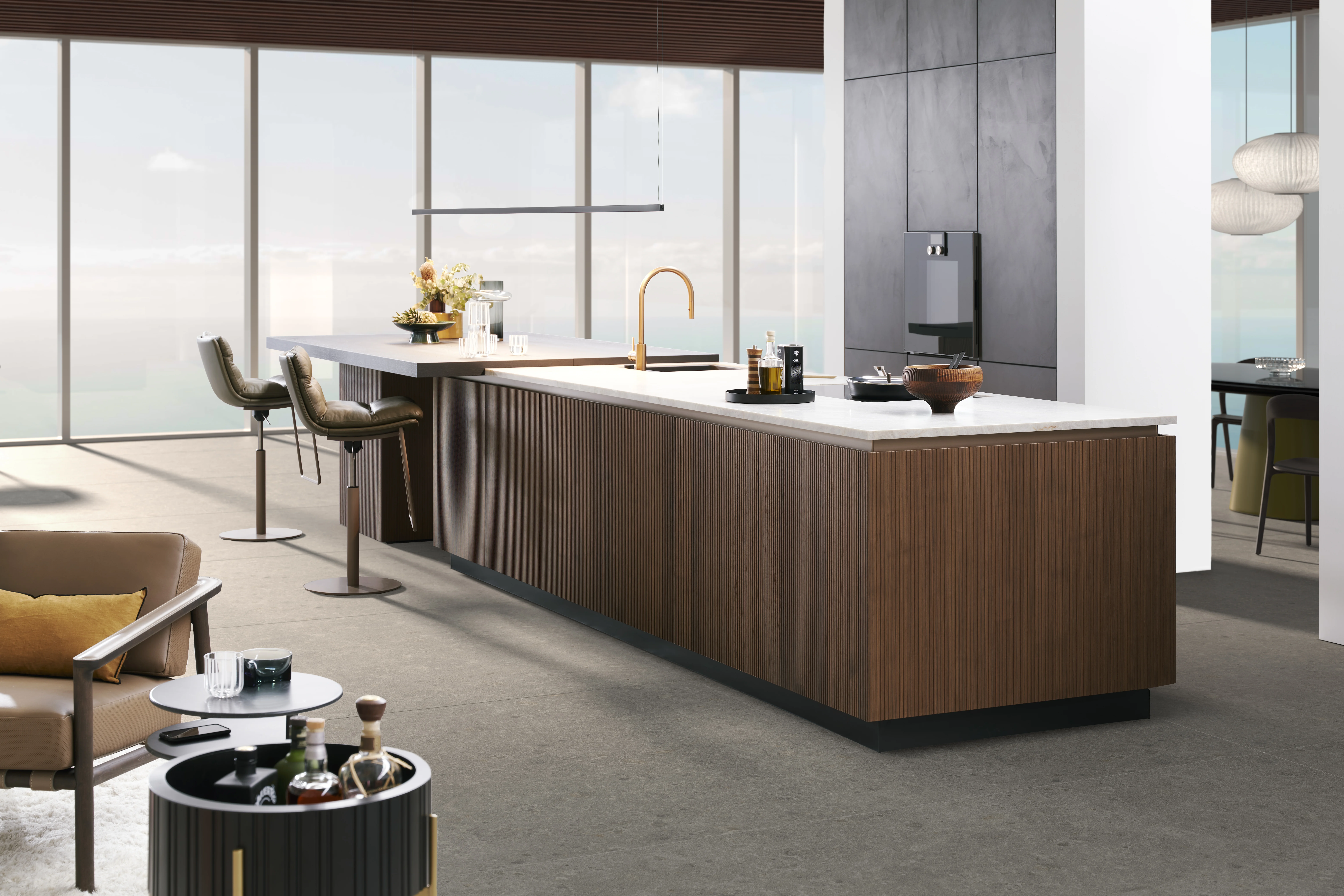 Cuisine LEICHT Kyoto minimaliste avec façades sans poignées et lignes fluides dans notre showroom à Nice