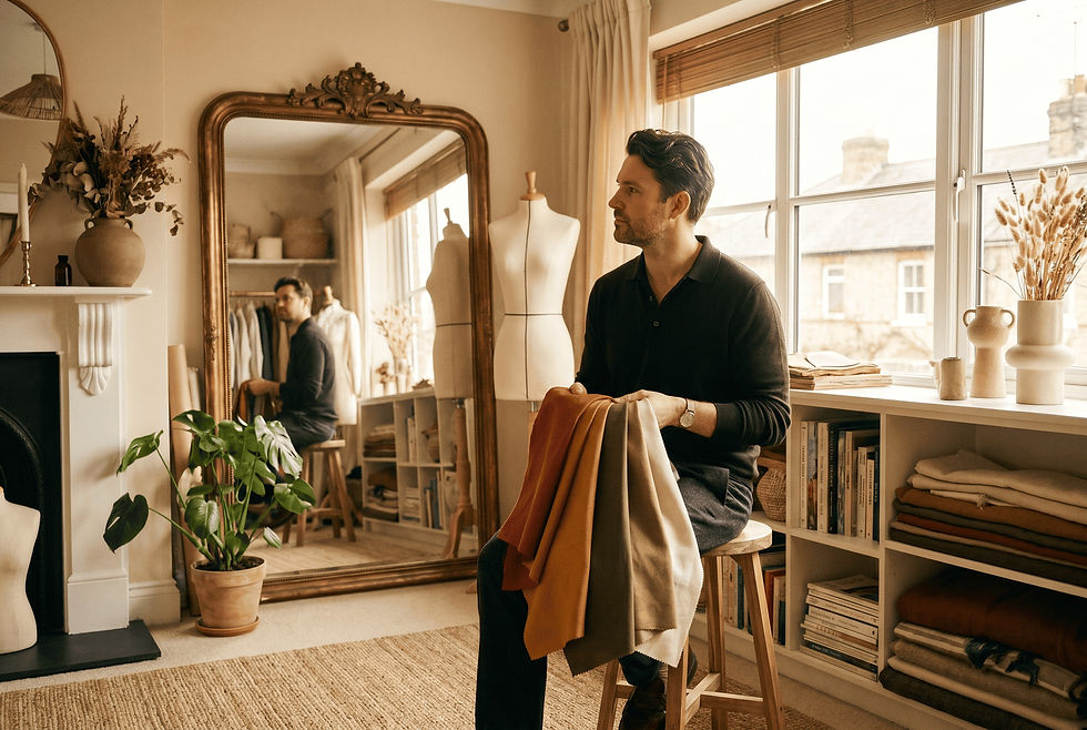 Homme dans un atelier avec étoffes et mannequin, formule Style & Silhouette Hédora