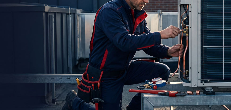 Technicien CVC raccordant les tubes en cuivre d'une pompe à chaleur extérieure