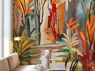 Papier peint panoramique Masureel motif forêt tropicale style aquarelle multicolore - disponible à Nice chez Atelier Marceau