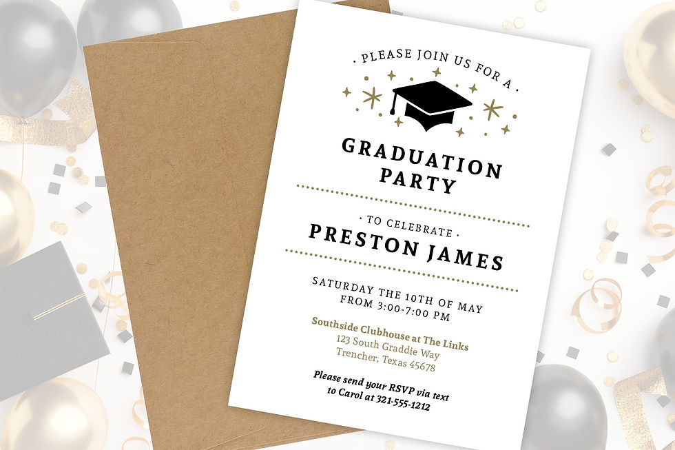 Thumbnail: 5x7 Graduation Party Invitation with black grad hat and gold stars at top, shown with kraft envelope