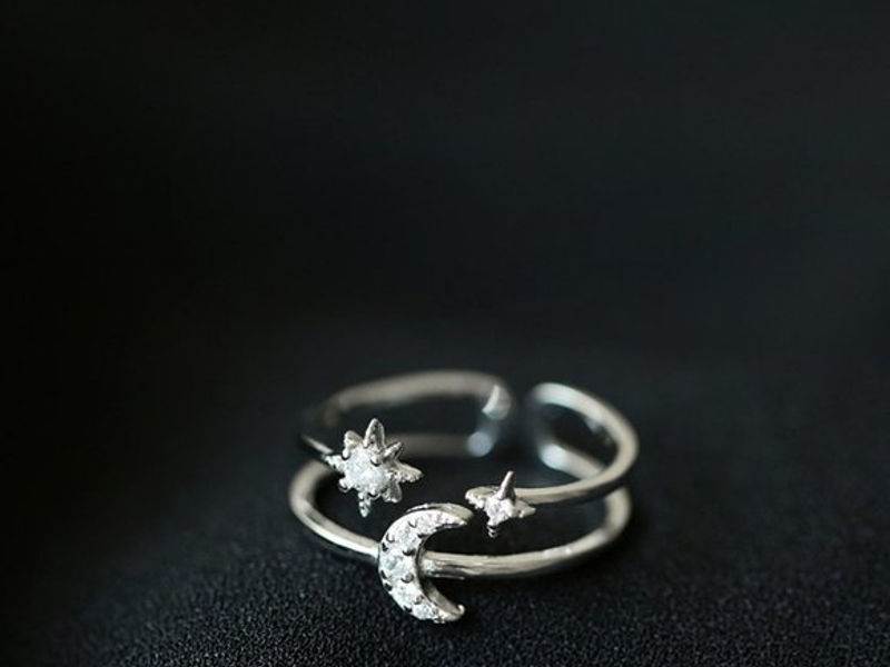 NEW 925 Sterling Silver Moon Star Adjustable Ring