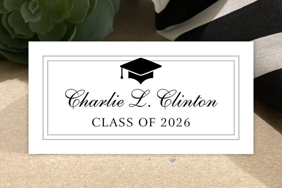 Thumbnail: Small white card with silver border and black graduation cap at top, with graduate's name in script, and class of 2026 below